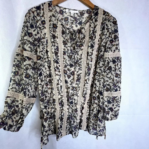 Dr2 Sheer Crochet Lace Strips Peplum Boho Blouse Size XS - Picture 12 of 12